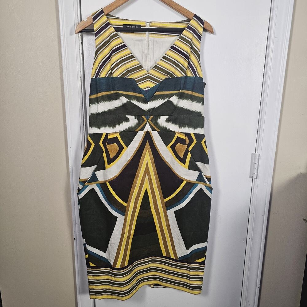 Lafayette 148 Abstract Art Cotton Tiki Sheath Sleeveless Dress Sz 10 Pockets